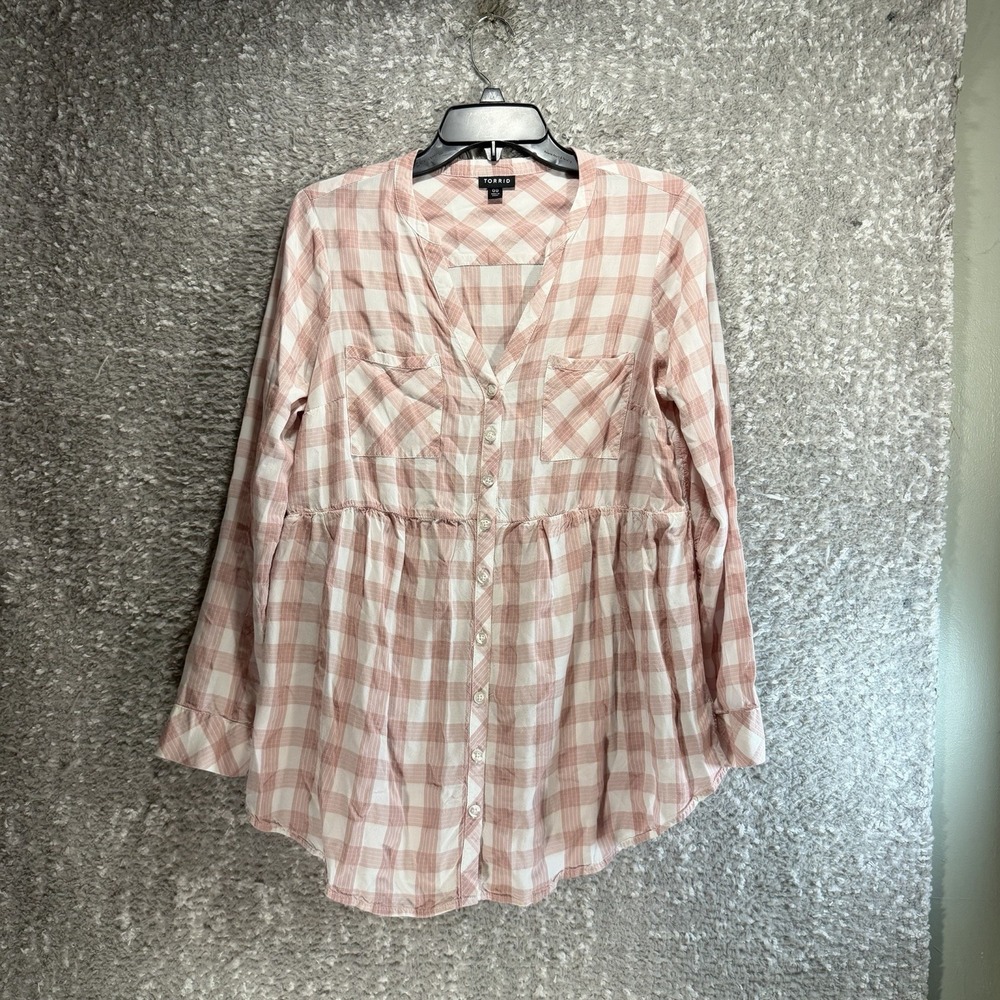 Torrid Babydoll Plaid Long Sleeve Top 00, L Western Boho Festival Casual Rayon